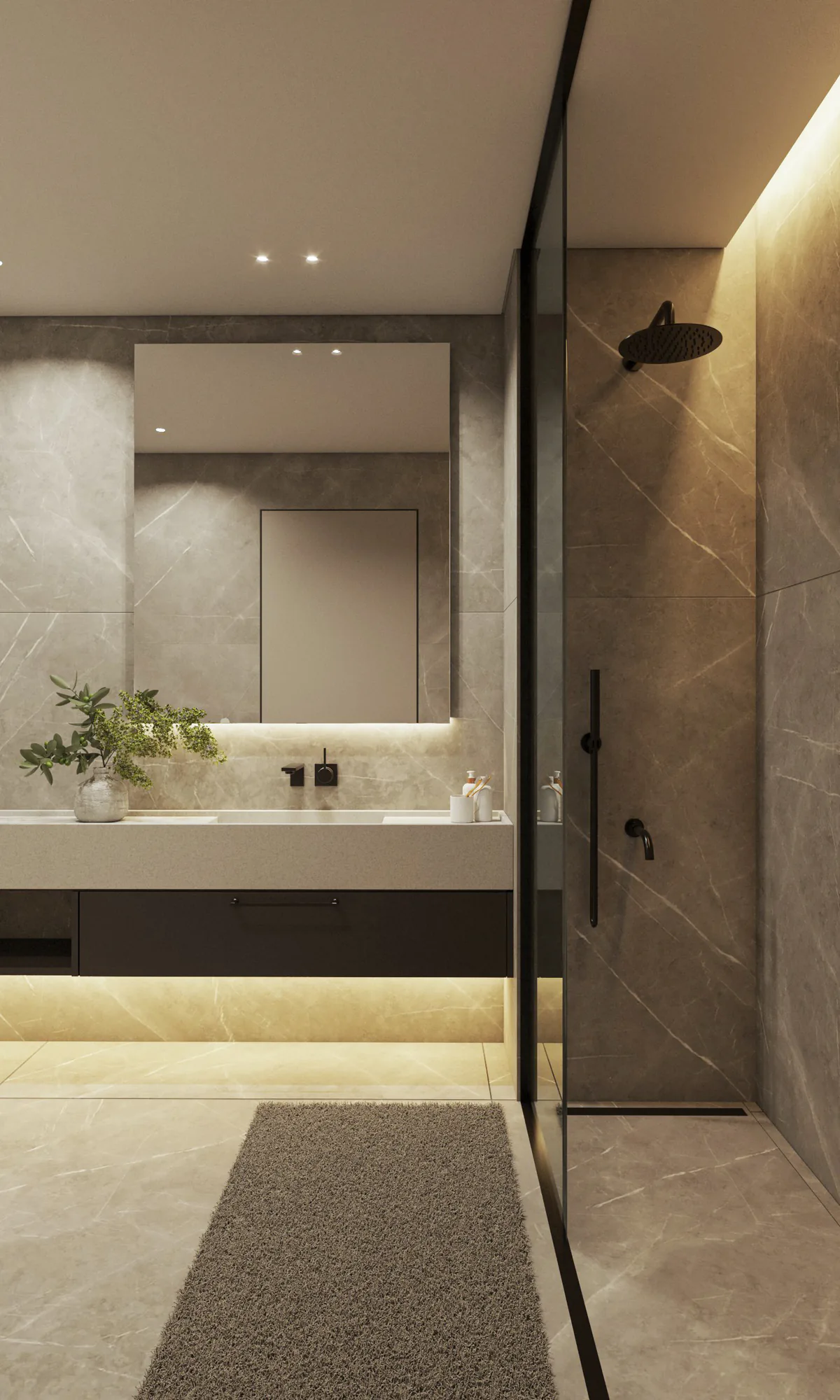 Baño con gran espejo, vanitory suspendido con luz integrada y ducha con revestimiento de porcelanato