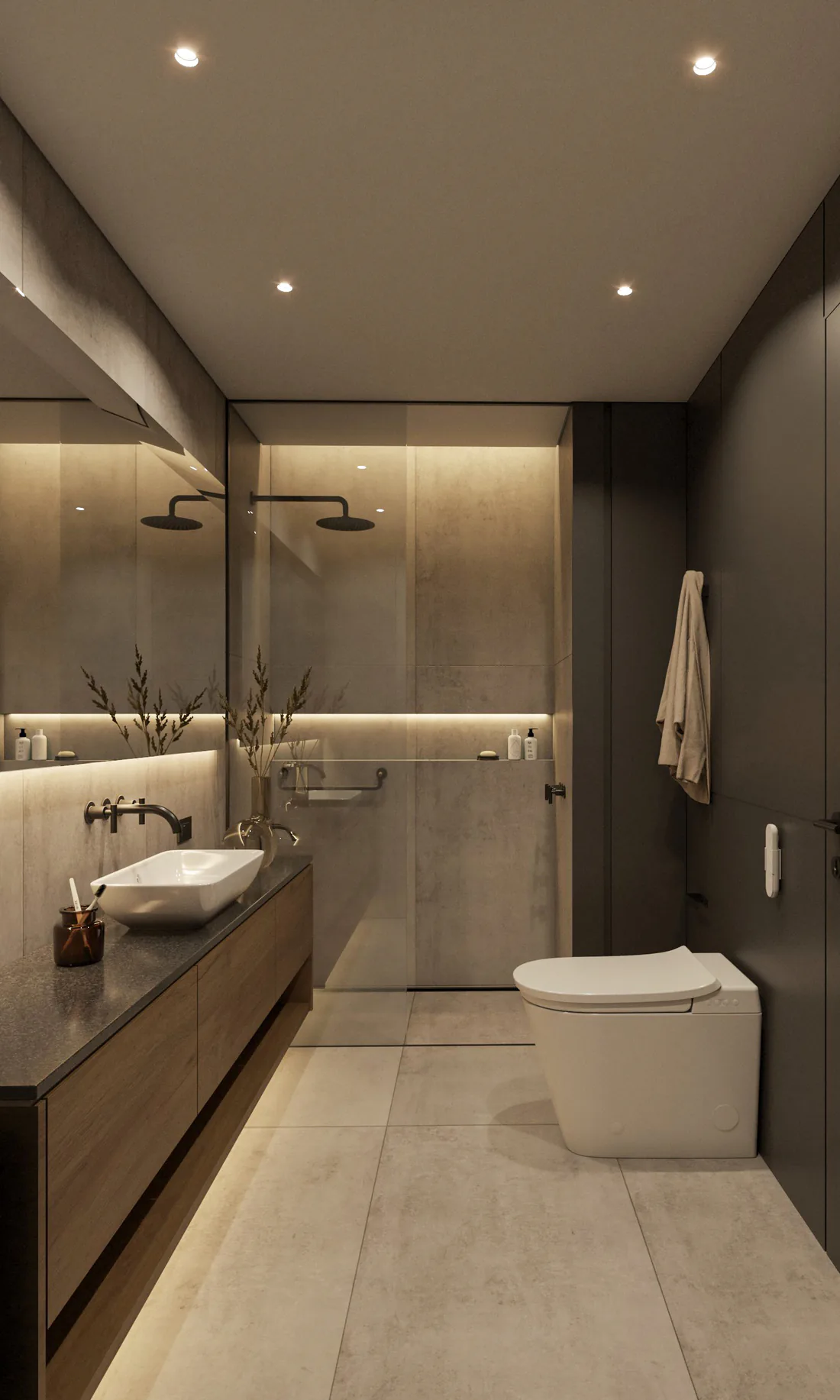 Baño de planta baja con vanitory de madera, ducha y luz arquitectónica