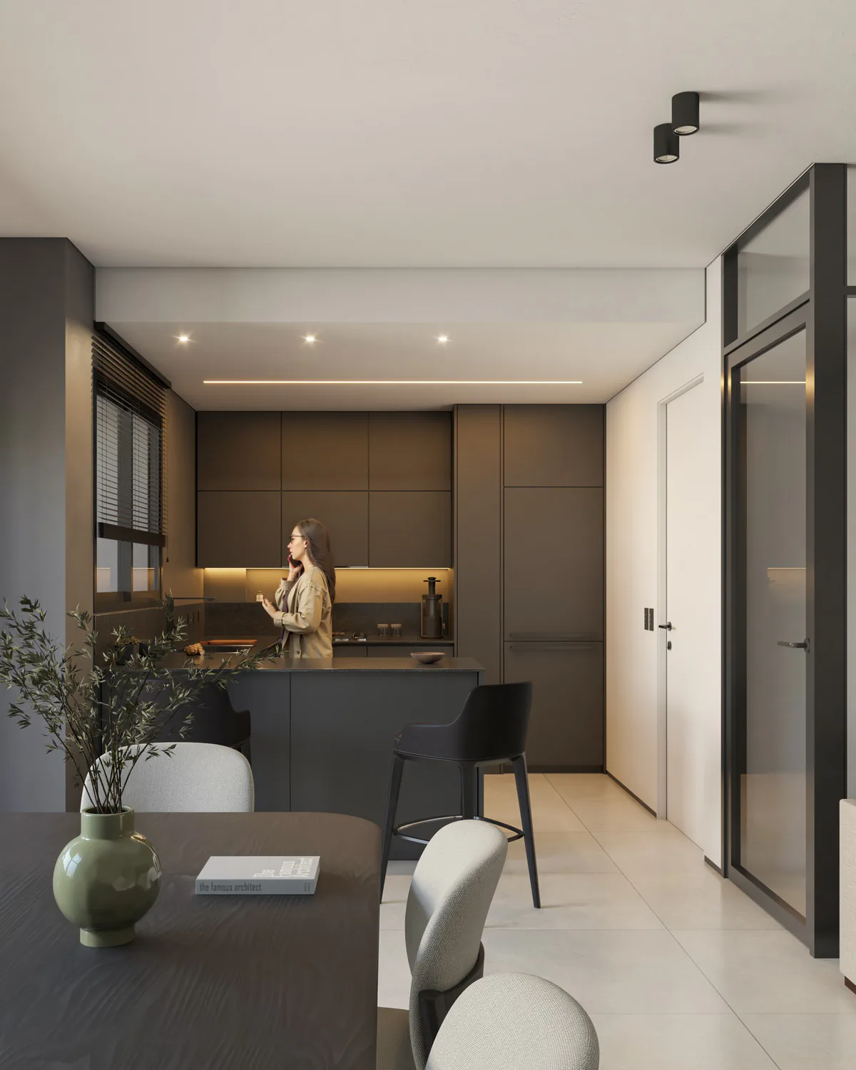 Cocina de planta alta con desayunador y mobiliario oscuro