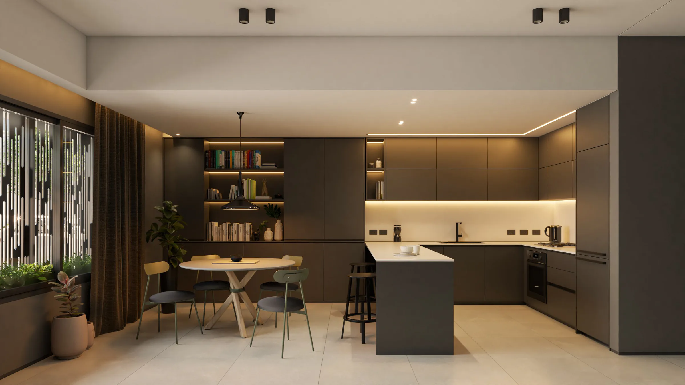 Cocina integrada al comedor, con isla, alacenas oscuras, biblioteca y mesada iluminada