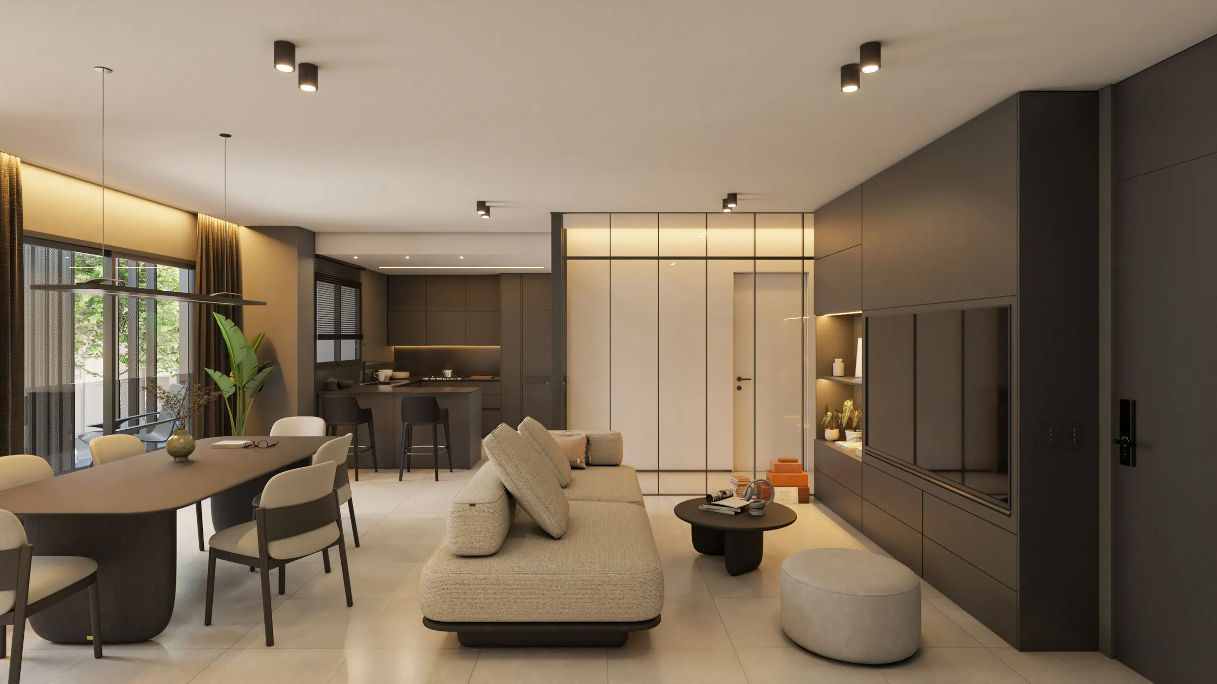 Living comedor con mueble de TV integrado, guardado a medida, iluminación en garganta y cocina al fondo